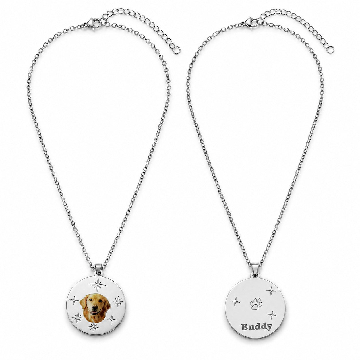 Photo Memory Pendant Necklace front and back in silver with pet portrait and Buddy engraving