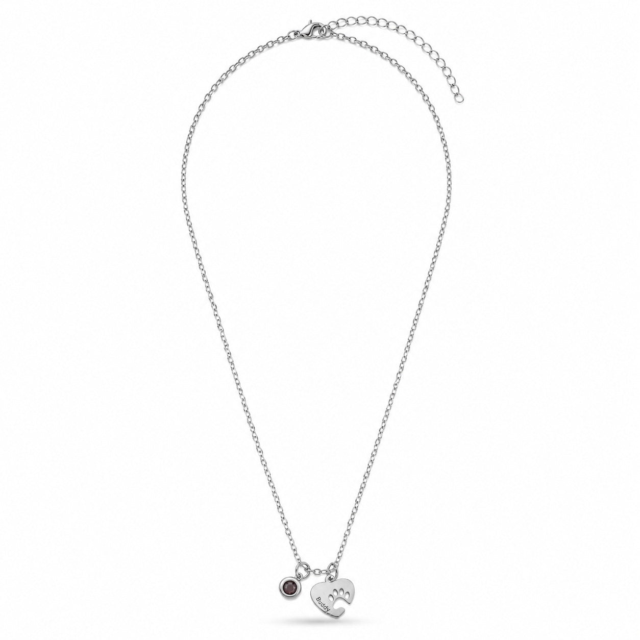 Silver Paw Heart Birthstone Necklace on adjustable chain