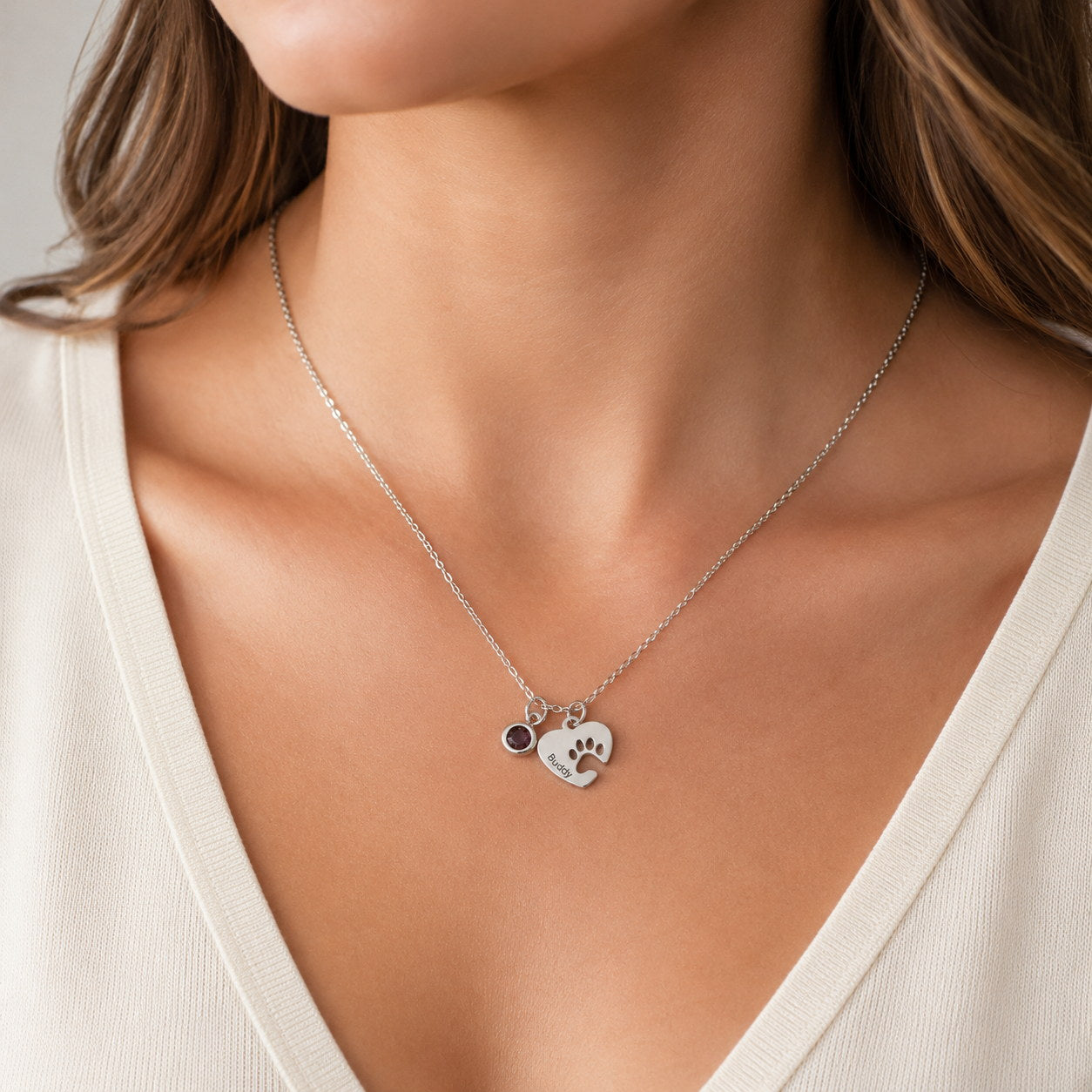 Silver Paw Heart Birthstone Necklace worn on model