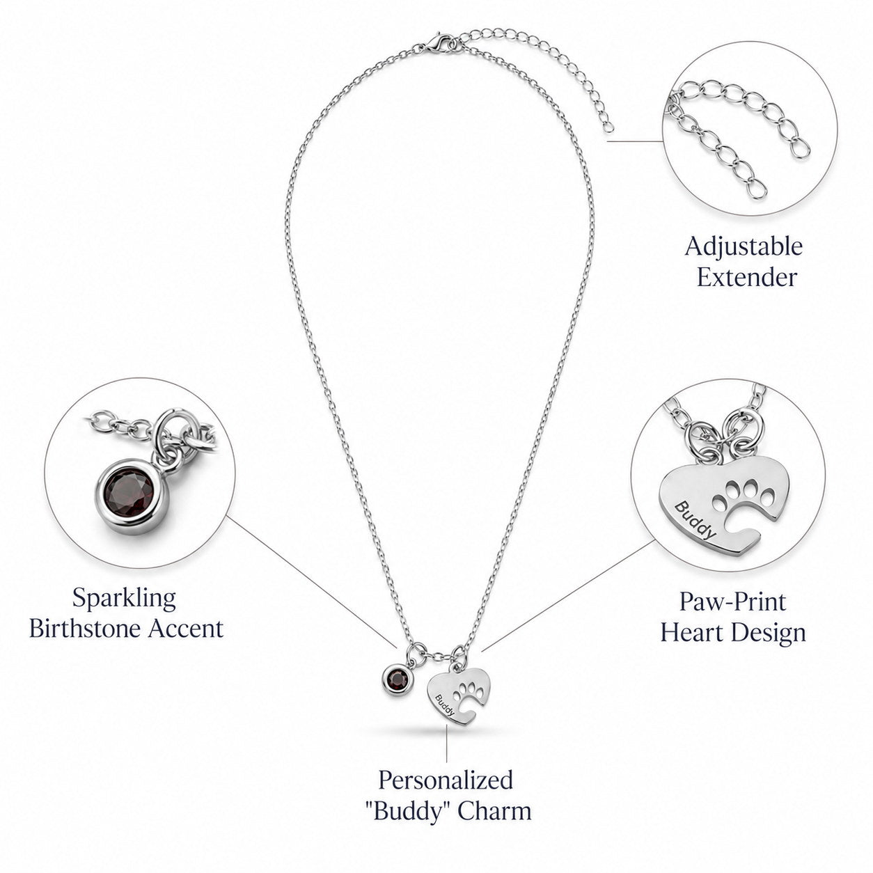 Paw Heart Birthstone Necklace feature guide with extender, birthstone, and personalized charm