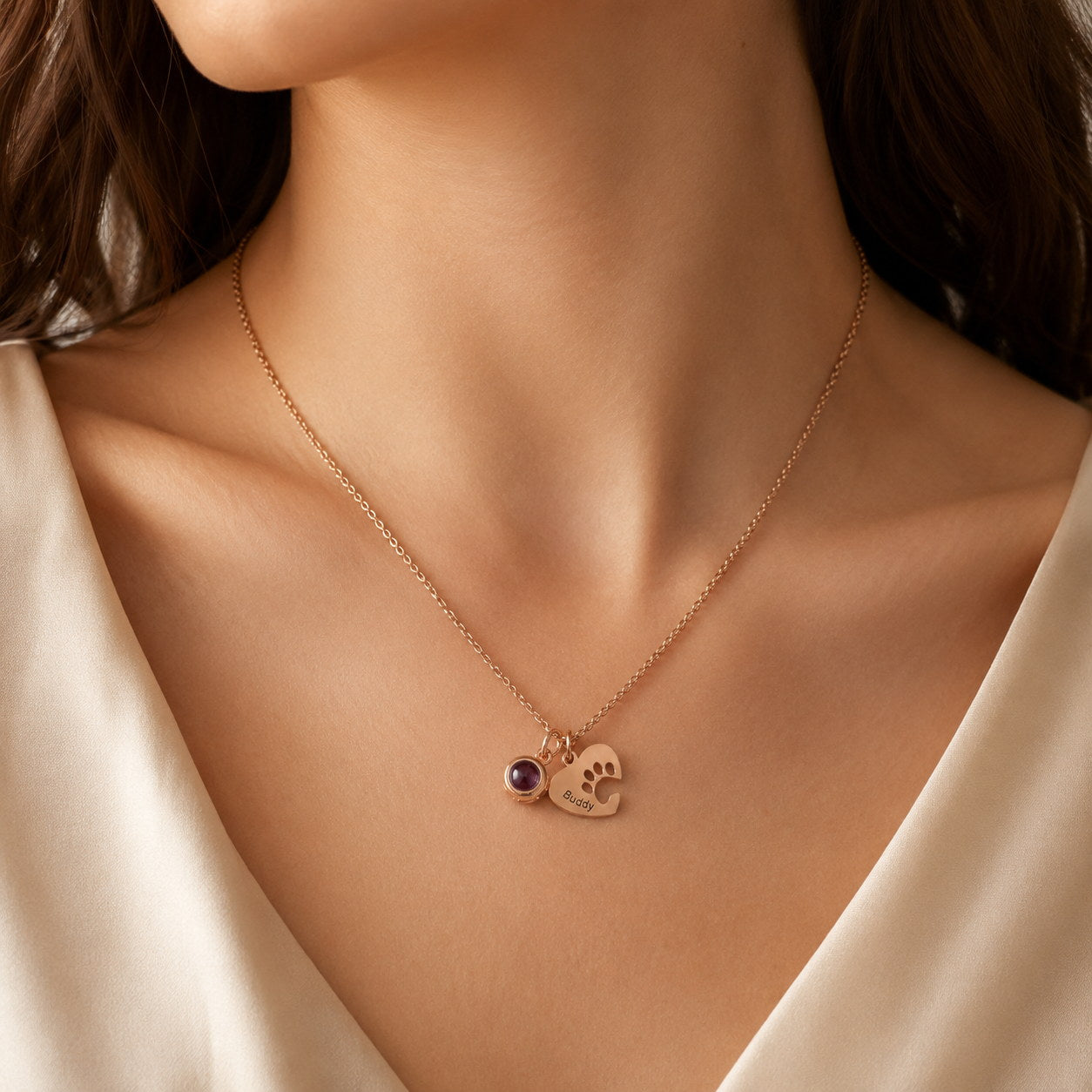 Rose gold Paw Heart Birthstone Necklace worn on model
