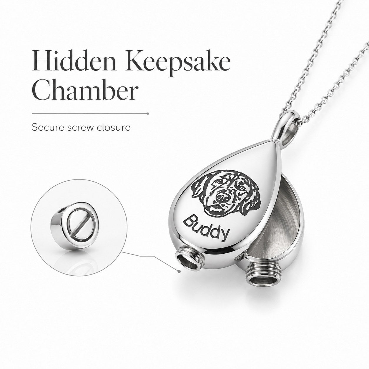 Silver Teardrop Memorial Urn Necklace open to show hidden keepsake chamber