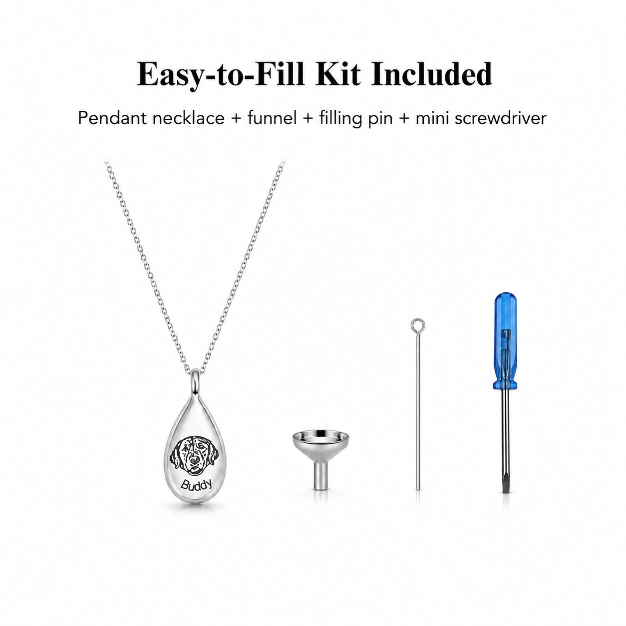 Teardrop Memorial Urn Necklace fill kit with funnel, pin, and screwdriver