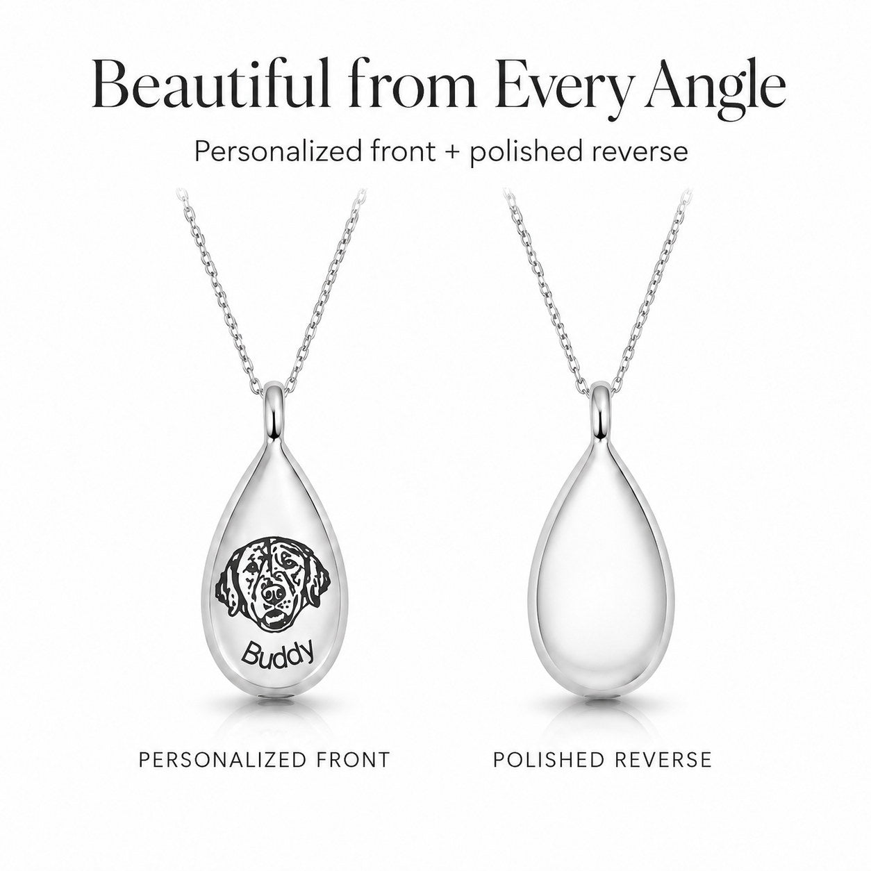Teardrop Memorial Urn Necklace front and polished reverse view