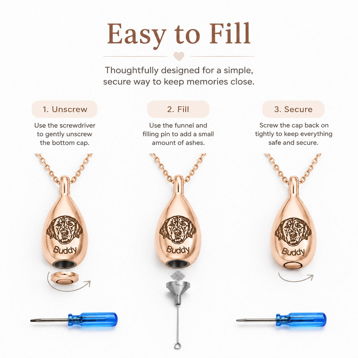 Teardrop Memorial Urn Necklace fill guide with unscrew, fill, and secure steps