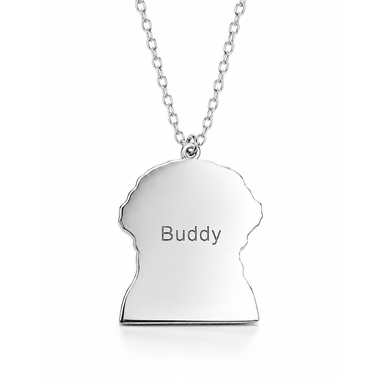 Back of silver Custom Portrait Silhouette Necklace with Buddy engraving