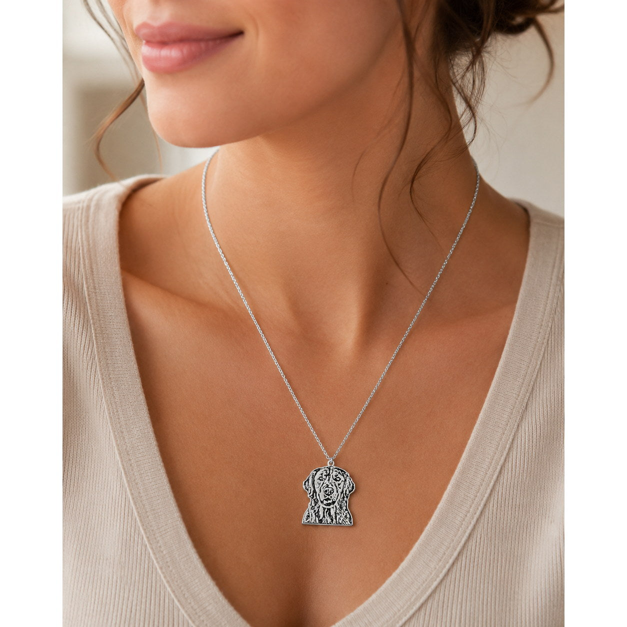 Silver Custom Portrait Silhouette Necklace worn on model