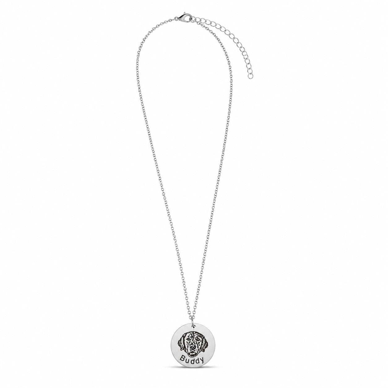 Silver Round Portrait Engraved Necklace on full adjustable chain