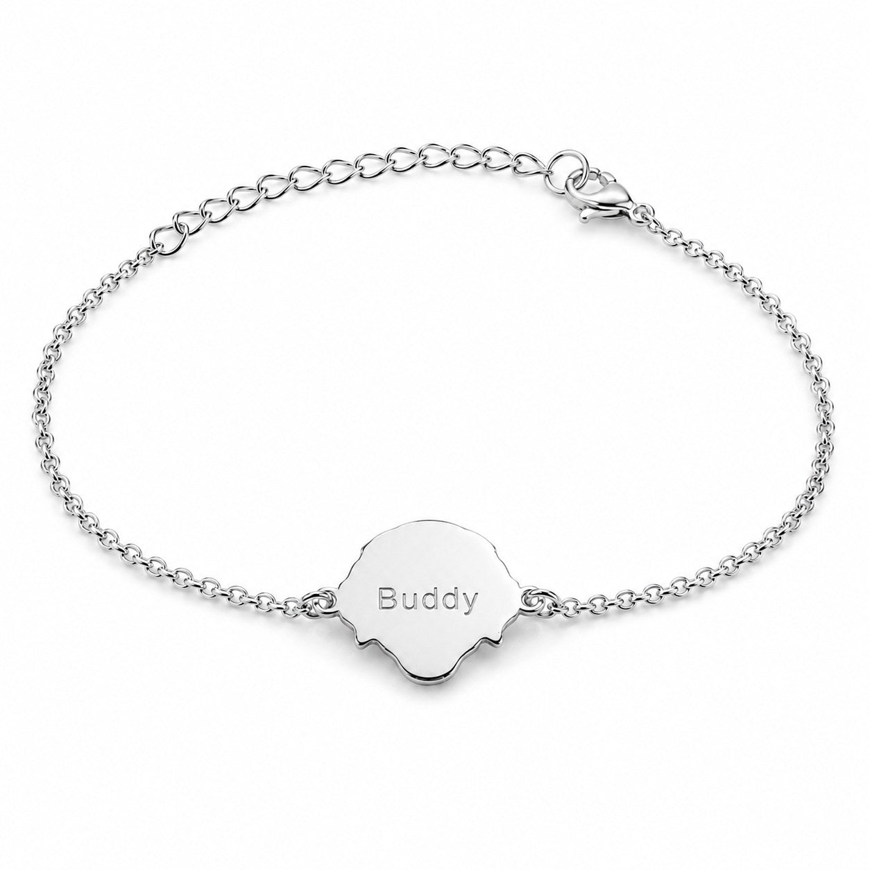 Back of silver Custom Portrait Bracelet with Buddy engraving