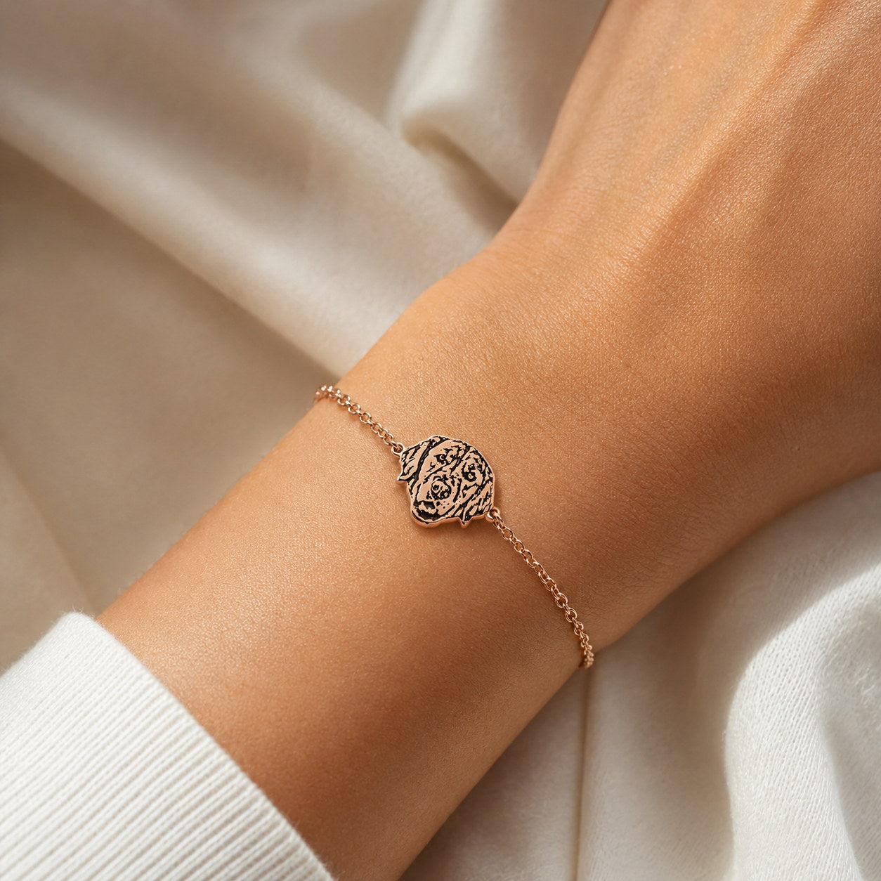 Rose gold Custom Portrait Bracelet worn on wrist