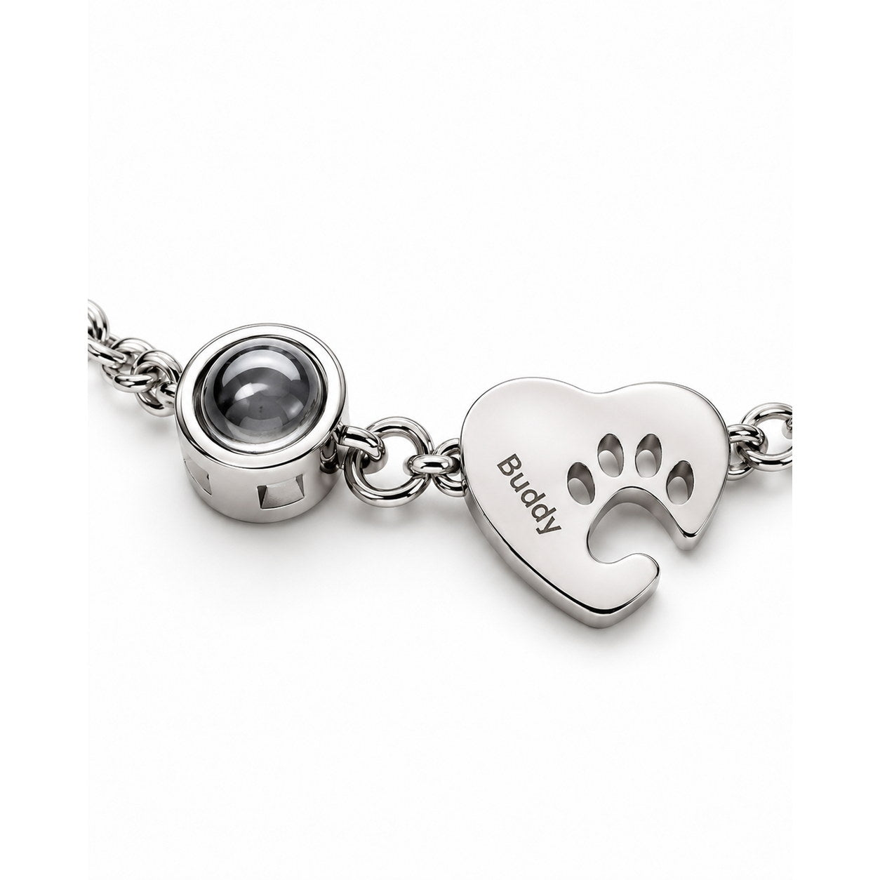 Silver Paw Heart Birthstone Bracelet close-up with stone, paw heart, and Buddy engraving