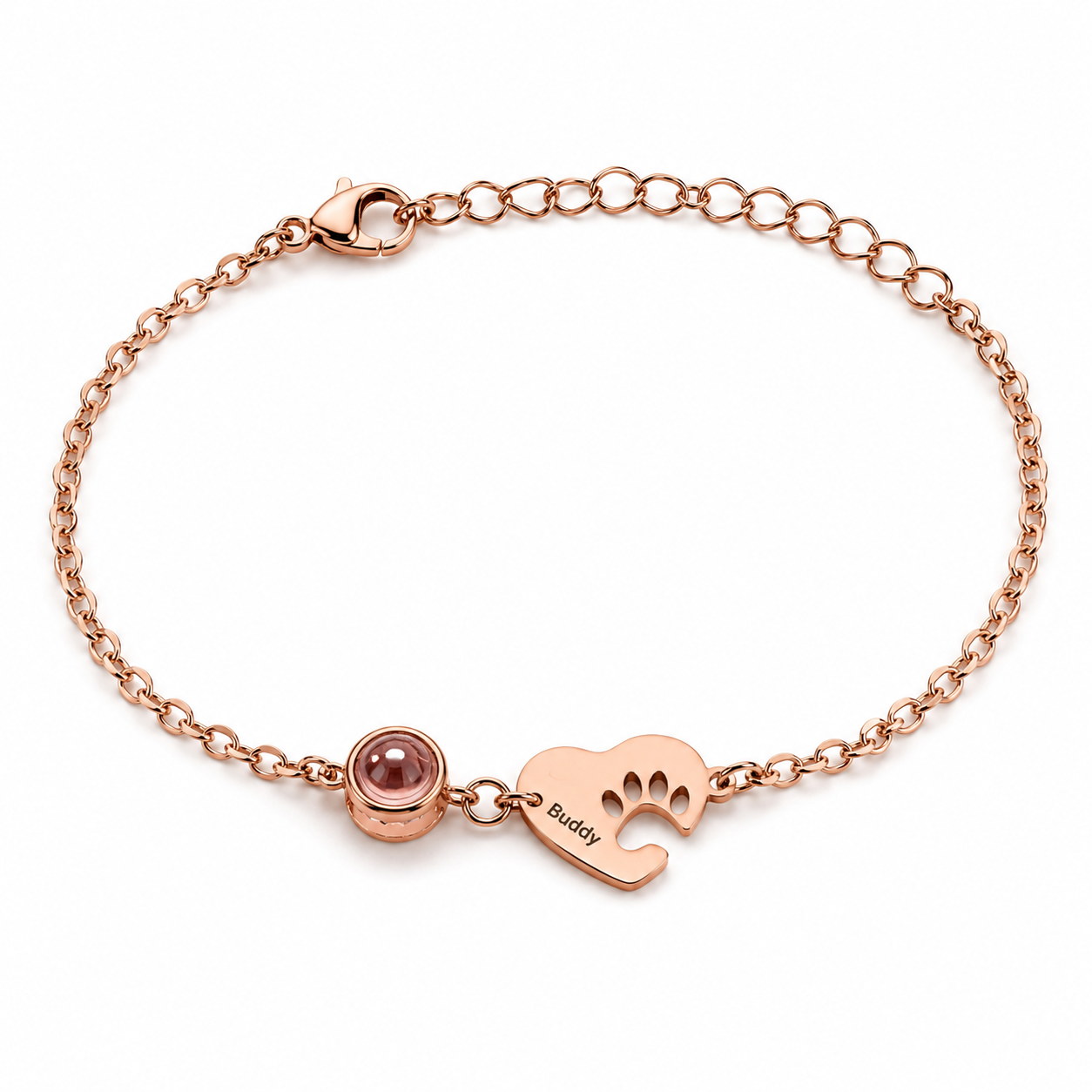 Rose gold Paw Heart Birthstone Bracelet with pink birthstone and Buddy charm