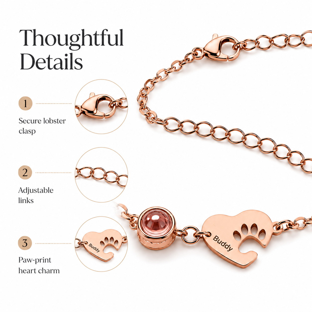 Paw Heart Birthstone Bracelet detail guide with clasp, links, and paw-print heart charm