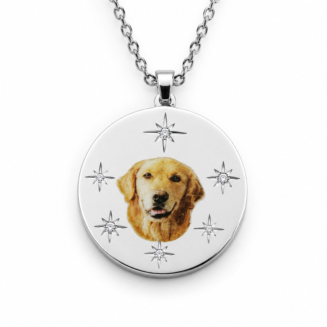 Silver Photo Memory Pendant Necklace close-up with dog portrait and star details