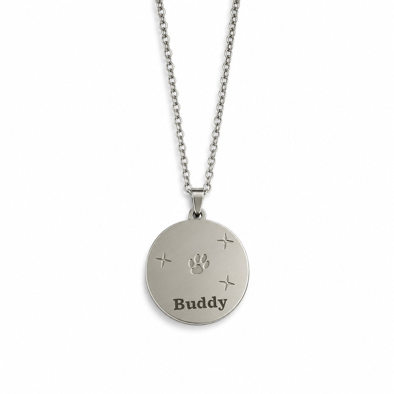Back of silver Photo Memory Pendant Necklace with paw icon and Buddy engraving