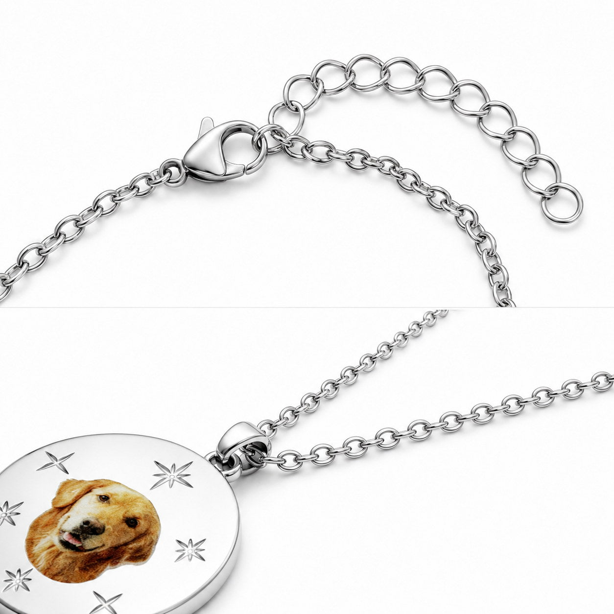 Silver Photo Memory Pendant Necklace chain extender, clasp, and pendant detail