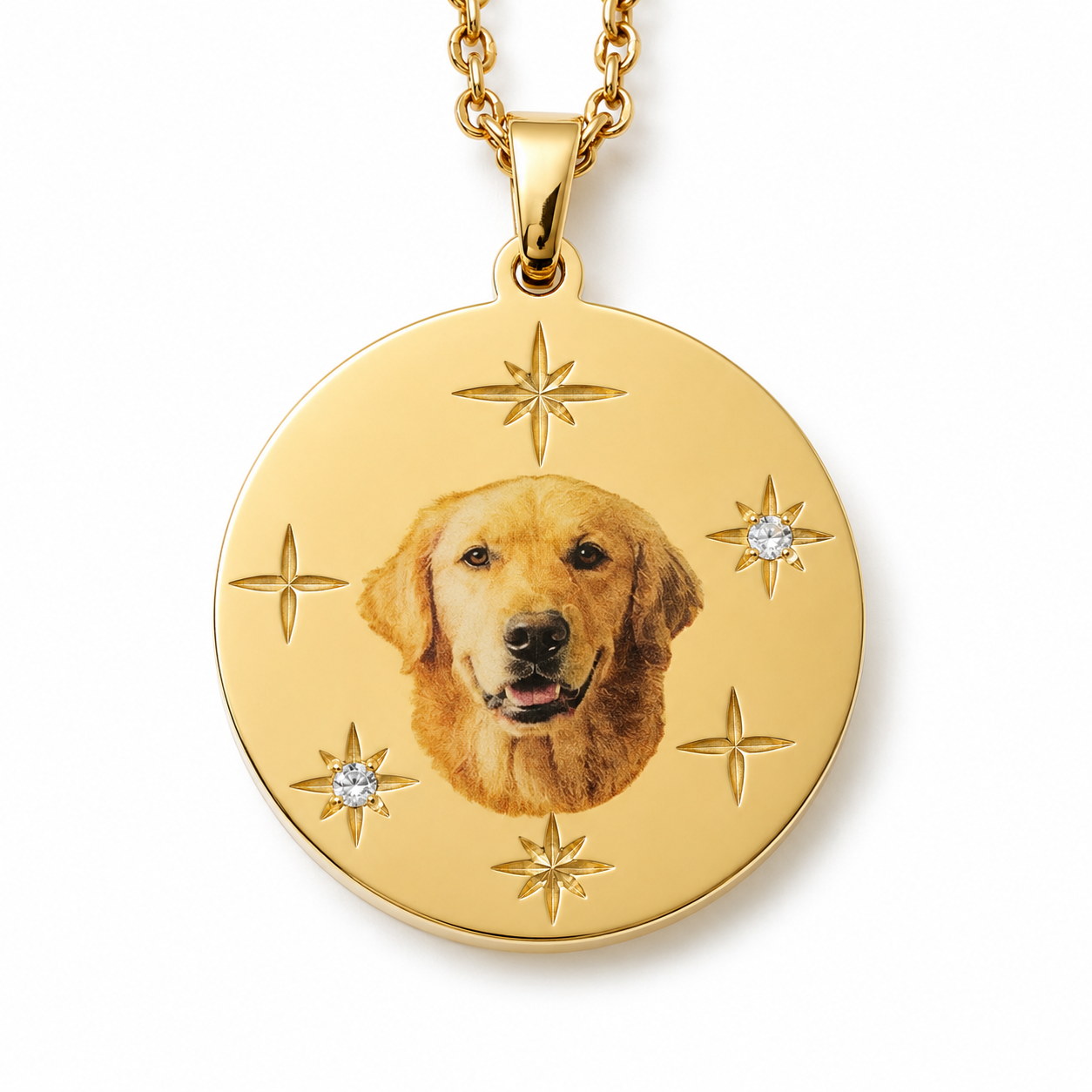 Gold Photo Memory Pendant Necklace close-up with dog portrait and star details