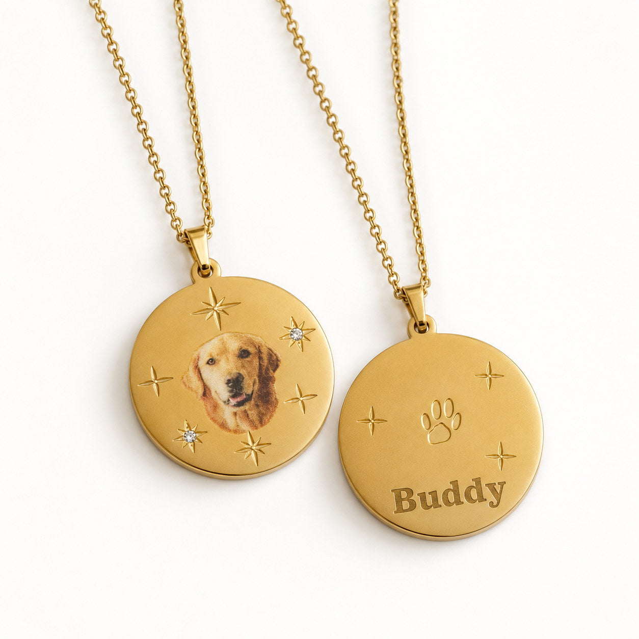 Gold Photo Memory Pendant Necklace front and back with Buddy engraving