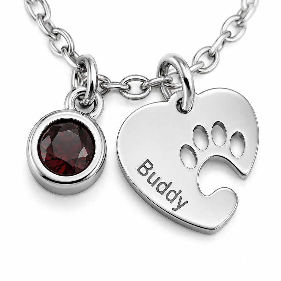 Silver Paw Heart Birthstone Necklace with red birthstone and Buddy engraving