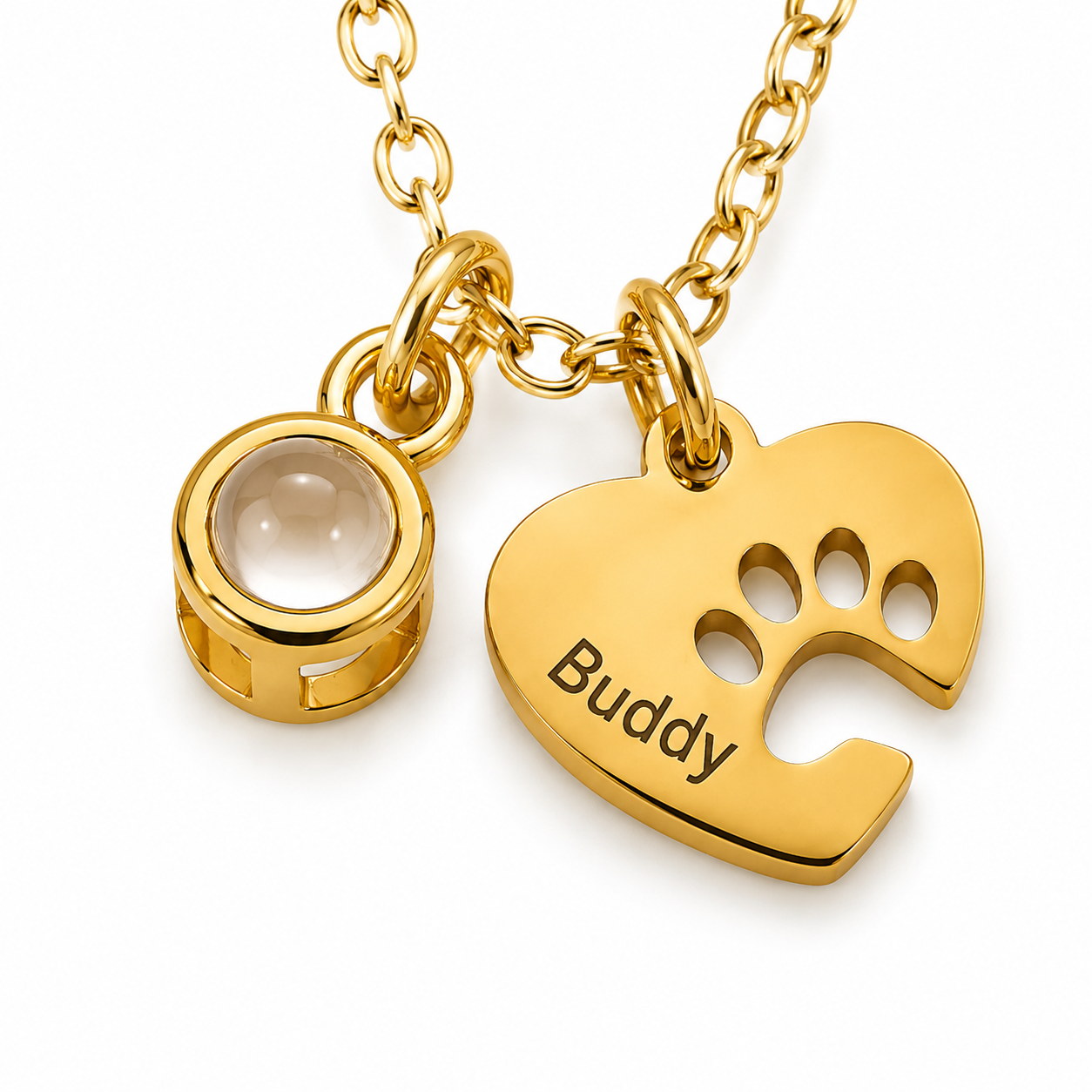 Gold Paw Heart Birthstone Necklace close-up with pale birthstone and Buddy engraving