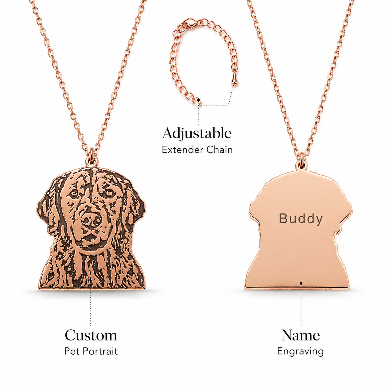 Rose gold Custom Portrait Silhouette Necklace front and back with Buddy engraving