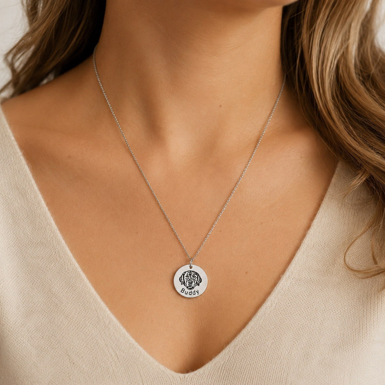 Silver Round Portrait Engraved Necklace worn on model