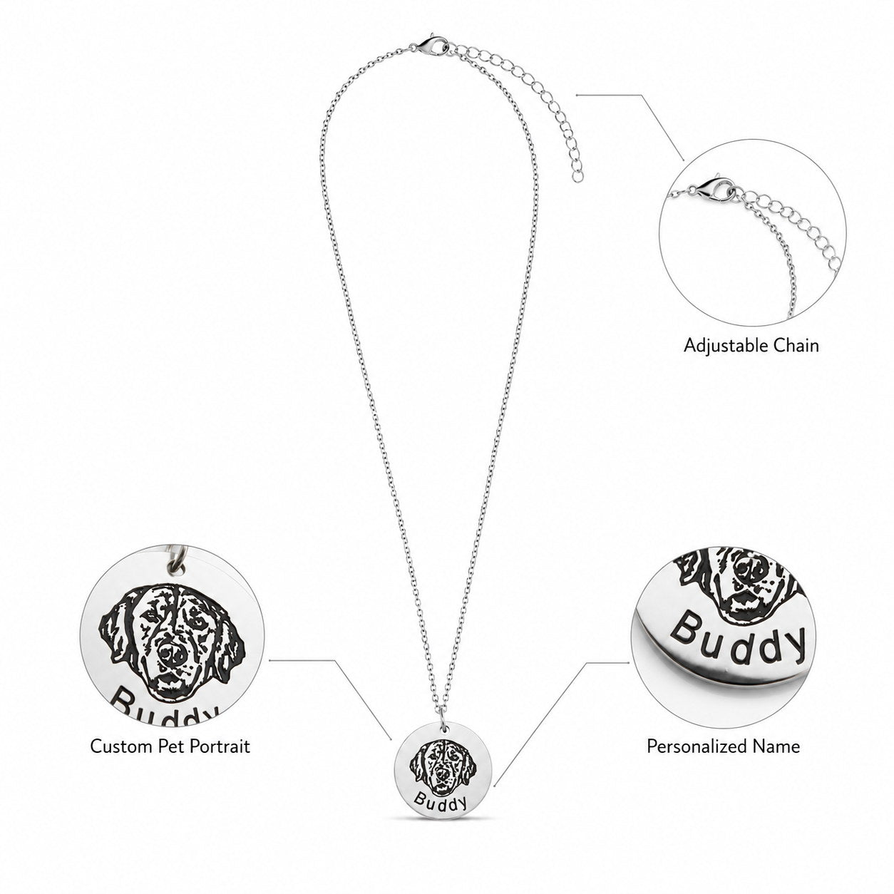 Round Portrait Engraved Necklace feature guide with portrait, name, and adjustable chain