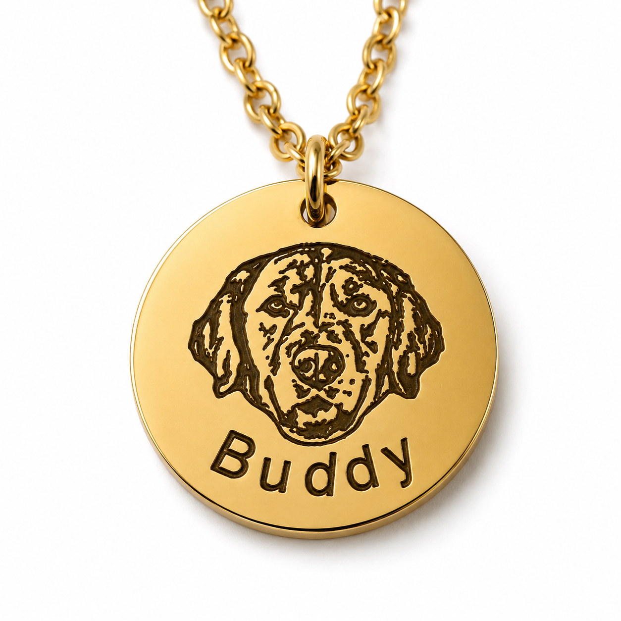 Gold Round Portrait Engraved Necklace pendant with dog portrait and Buddy engraving