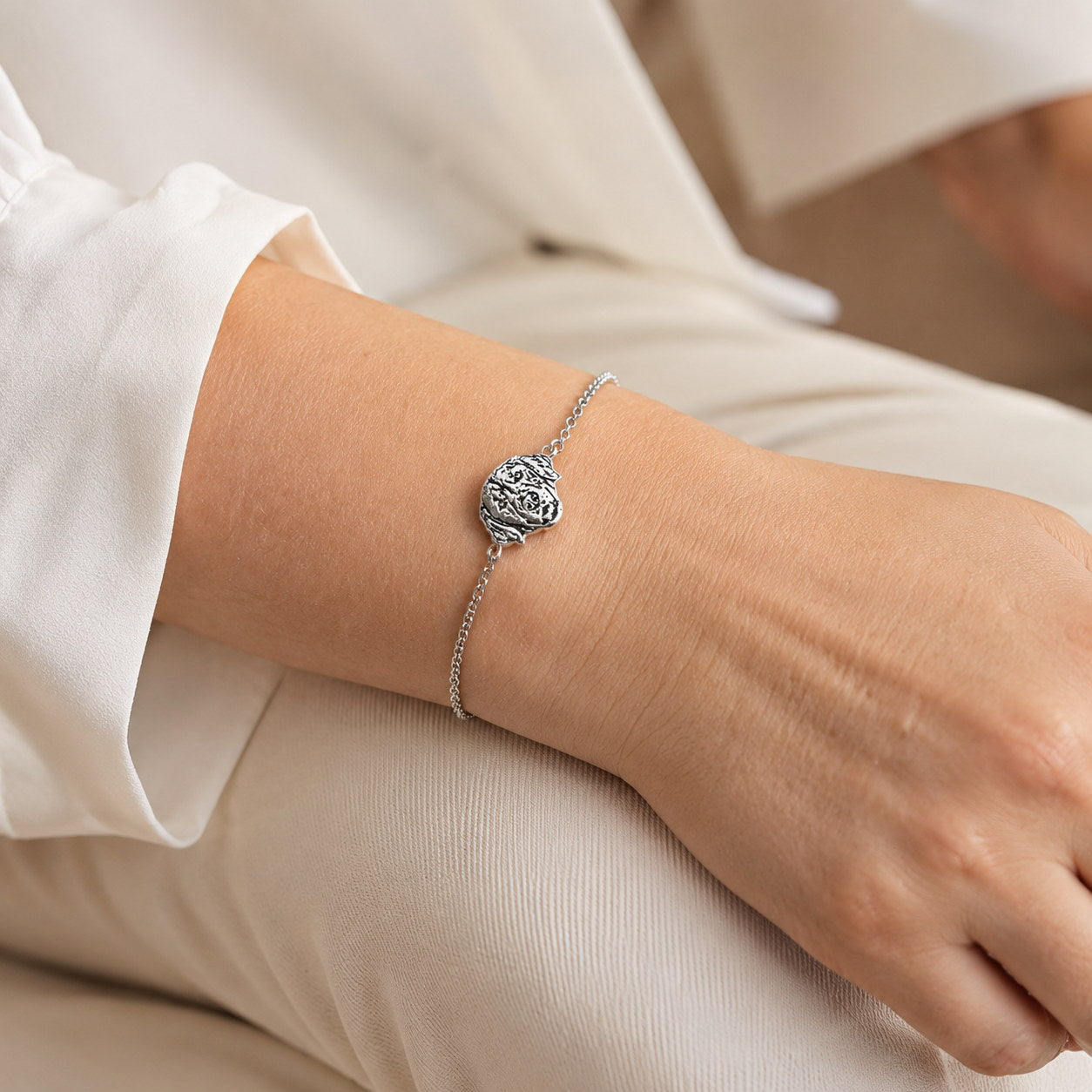 Silver Custom Portrait Bracelet worn on wrist