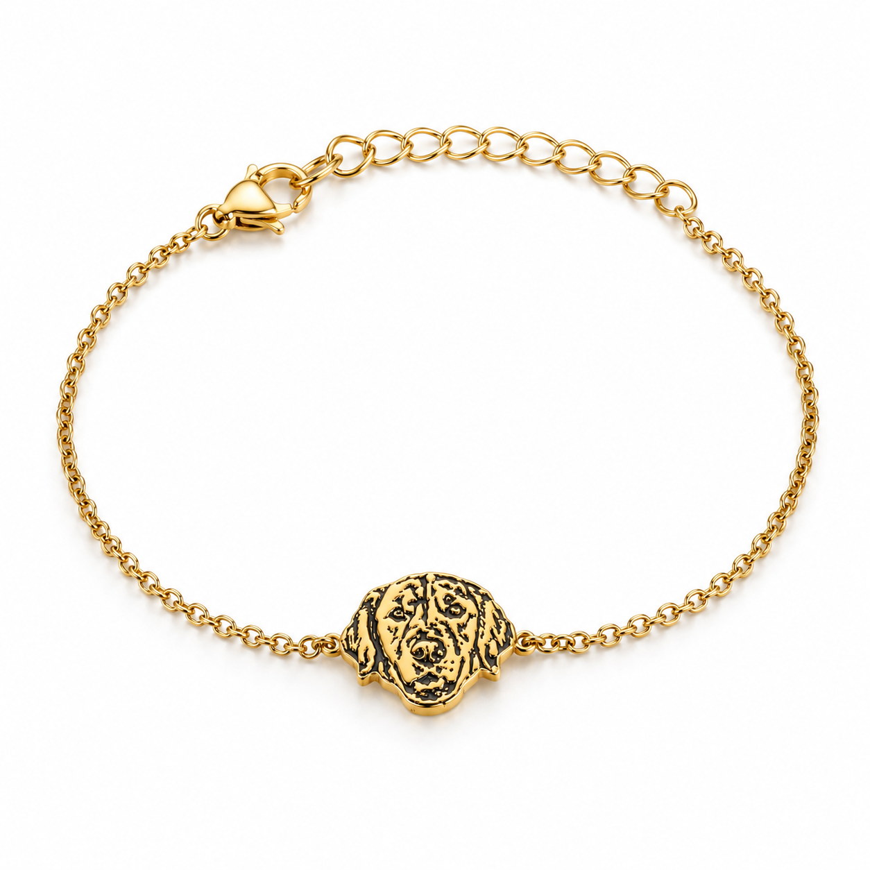 Gold Custom Portrait Bracelet with dog portrait charm and extender