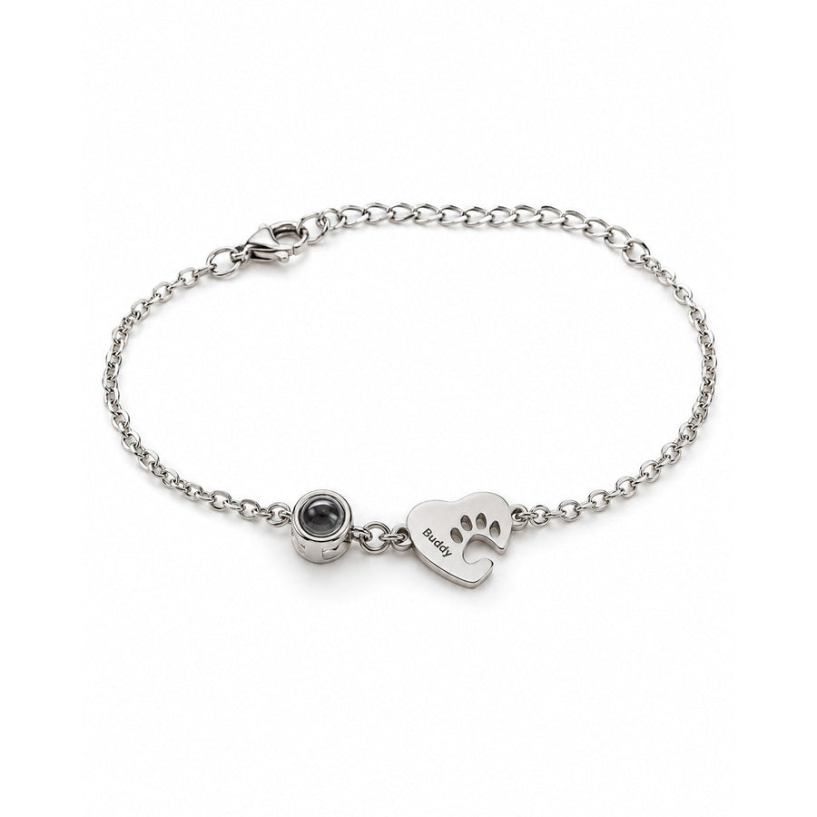 Silver Paw Heart Birthstone Bracelet with gray stone and Buddy charm