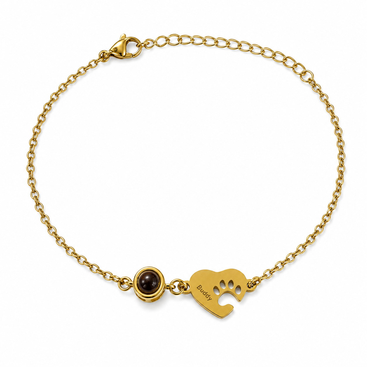 Gold Paw Heart Birthstone Bracelet with dark birthstone and Buddy charm